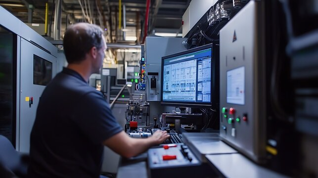 Operator reviewing production controls at a manufacturing workstation